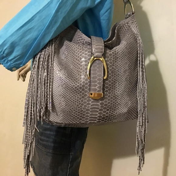 SOLD! G.I.L.I.  Gray Python Leather Fringed Hobo - Picture 3 of 8